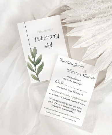 Minimalistyczne zaproszenie ślubne z akwarelowym motywem botanicznym.