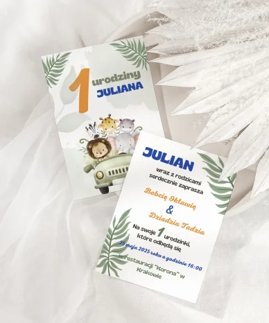 Personalizowane zaproszenie na pierwsze urodziny chłopca z motywem safari i zwierzątek