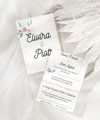 Pionowe zaproszenie ślubne w stylu minimalistycznym z możliwością personalizacji imion.