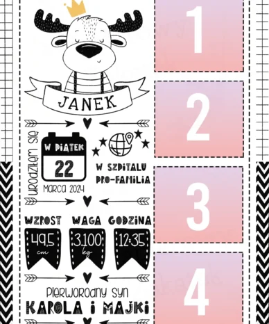Metryczka dla dziecka Janek z miejscem na 4 zdjęcia i danymi urodzenia
