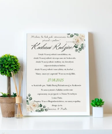 Pamiątkowe zaproszenie ślubne dla rodziców z florą i tekstem zaproszenia w białej ramie
