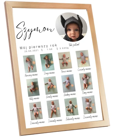 Personalizowana metryczka dziecka z 12 zdjęciami pokazującymi wzrost miesiąc po miesiącu oraz dużym zdjęciem dziecka w rogu