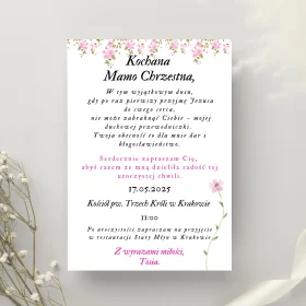 Personalizowane Pamiątkowe Zaproszenie dla Matki Chrzestnej na Pierwszą Komunię