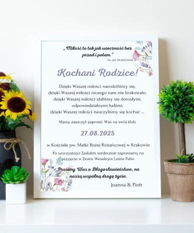 Eleganckie zaproszenie ślubne z cytatem ks. Twardowskiego i podziękowaniem dla rodziców.