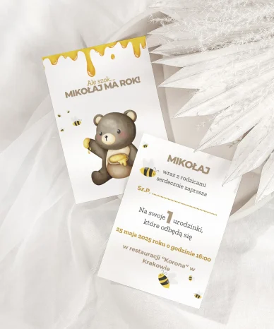 Zaproszenie na urodziny roczek z misiem i motywem miodu oraz pszczółek