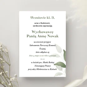 Zaproszenie na Pierwszą Komunię Świętą dla Wychowawcy- Zielone Liście
