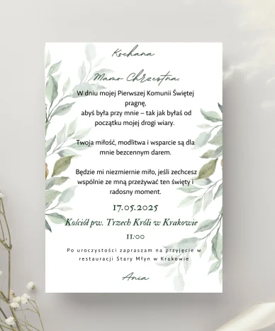Eleganckie zaproszenie na Pierwszą Komunię Świętą z motywem zielonych liści dla dziewczynki