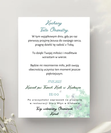 Eleganckie zaproszenie na Pierwszą Komunię Świętą z turkusowymi napisami i delikatnymi akwarelowymi kwiatami, adresowane do ojca chrzestnego.