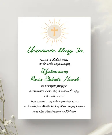 Zaproszenie na Pierwszą Komunię Świętą uczniów klasy 3a z graficznym symbolem Hostii z krzyżem i promieniami.