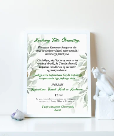 Pamiątkowe zaproszenie na Pierwszą Komunię Świętą dla Ojca Chrzestnego z zielonymi liśćmi na jasnym tle