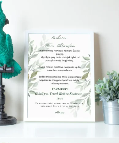 Zaproszenie na Pierwszą Komunię Świętą dla Matki Chrzestnej z delikatnym motywem liści
