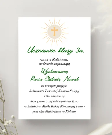 Zaproszenie na Pierwszą Komunię Świętą dla nauczyciela z motywem hostii i krzyża