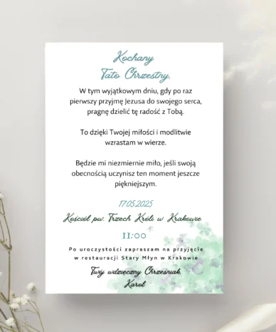 Zaproszenie na Pierwszą Komunię Świętą dla Ojca Chrzestnego z turkusowymi kwiatami i modlitewnym tekstem