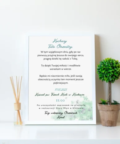 Zaproszenie na Pierwszą Komunię Świętą dla Ojca Chrzestnego z turkusowymi akcentami i delikatnym motywem kwiatowym