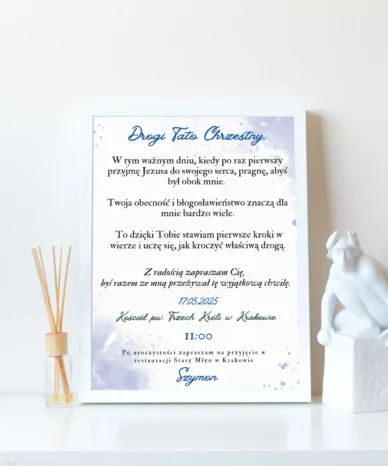Zaproszenie na Pierwszą Komunię Świętą dla Ojca Chrzestnego z tekstem zaproszenia i datą uroczystości