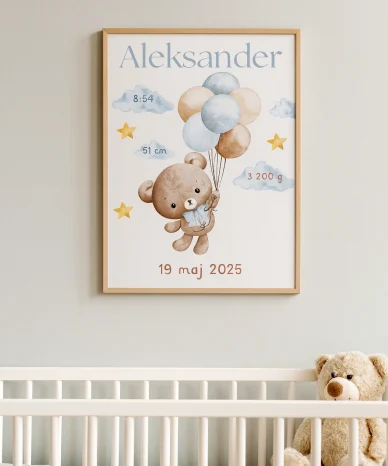 Metryczka narodzin dziecka Aleksander z obrazkiem misia trzymającego balony, datą i wymiarami dziecka
