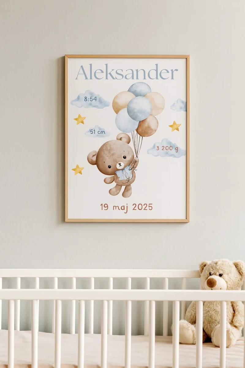 Metryczka narodzin dziecka Aleksander z obrazkiem misia trzymającego balony, datą i wymiarami dziecka