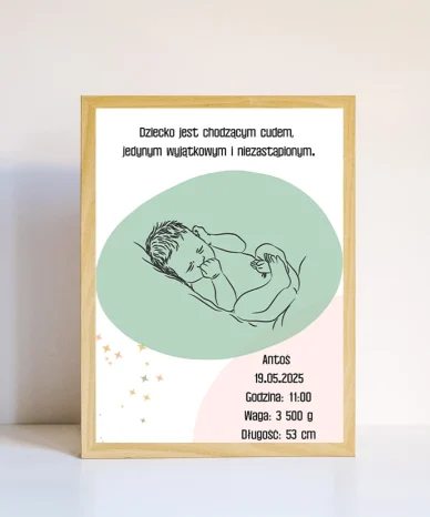 Metryczka Ramka z Narodzin Dziecka A4 z ilustracją niemowlęcia i danymi urodzenia