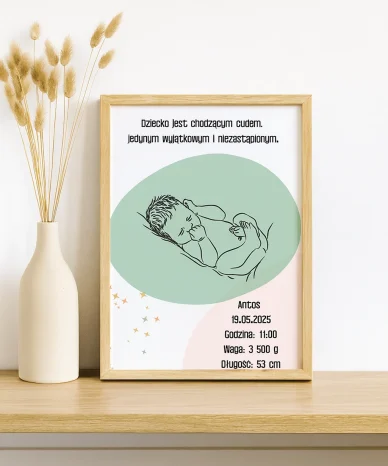 Metryczka Ramka z Narodzin Dziecka A4 z grafiką śpiącego niemowlaka i danymi urodzeniowymi