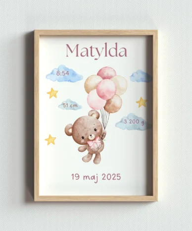Metryczka dla dziewczynki z imieniem Matylda, datą urodzenia i uroczym misiem na balonach