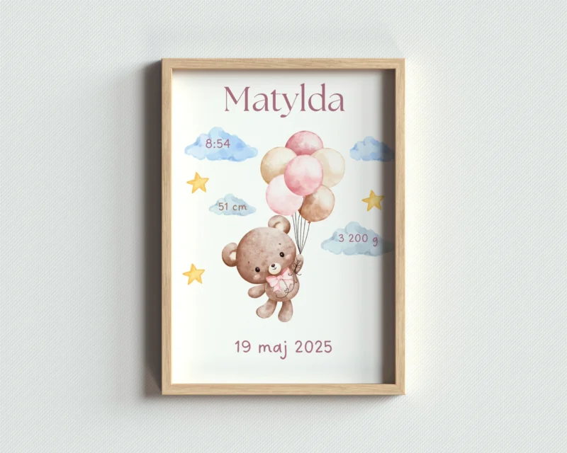 Metryczka dla dziewczynki z imieniem Matylda, datą urodzenia i uroczym misiem na balonach