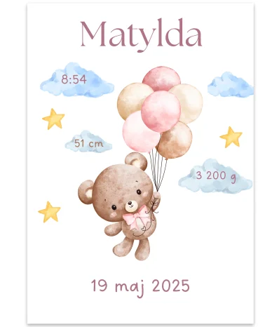 Metryczka dla dziewczynki z imieniem Matylda, misiem z balonami, chmurkami i gwiazdkami