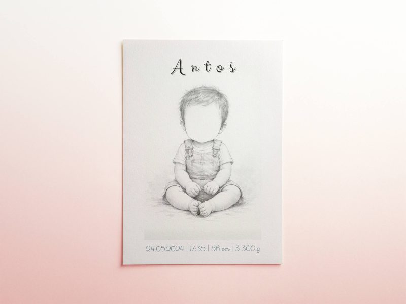 Personalizowana metryczka dla chłopca z imieniem Antoś i danymi urodzenia na białym tle