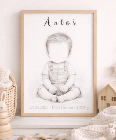Metryczka dla chłopca z rysunkiem dziecka bez twarzy i danymi urodzeniowymi