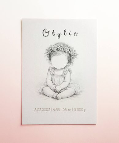 Personalizowany plakat metryczka dla dziewczynki z imieniem Otylia i datą urodzenia
