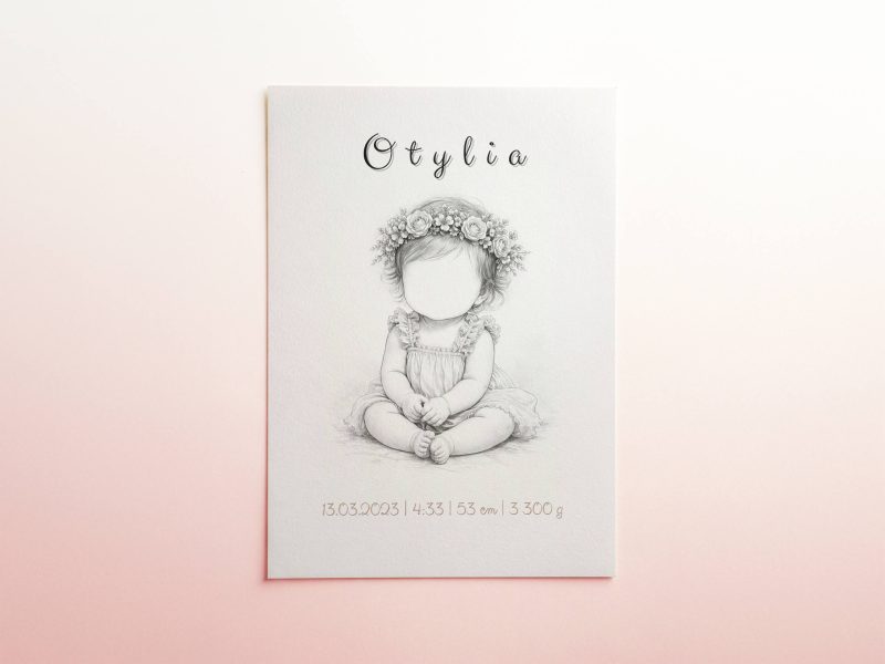 Personalizowany plakat metryczka dla dziewczynki z imieniem Otylia i datą urodzenia