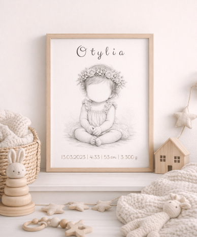 Metryczka dla dziewczynki z imieniem Otylia, datą urodzenia i szczegółami, w drewnianej ramie na jasnym tle