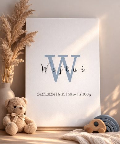 Plakat urodzenia z inicjałem W i imieniem Wojtuś ustawiony na drewnianym blacie obok pluszowego misia i drewnianych zabawek