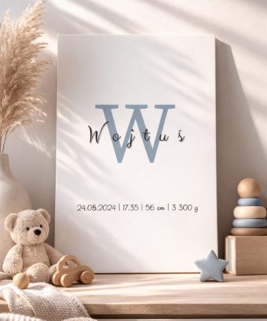 Plakat metryczka z inicjałem W i imieniem Wojtuś oraz danymi urodzin na jasnym tle z dekoracjami dziecięcymi