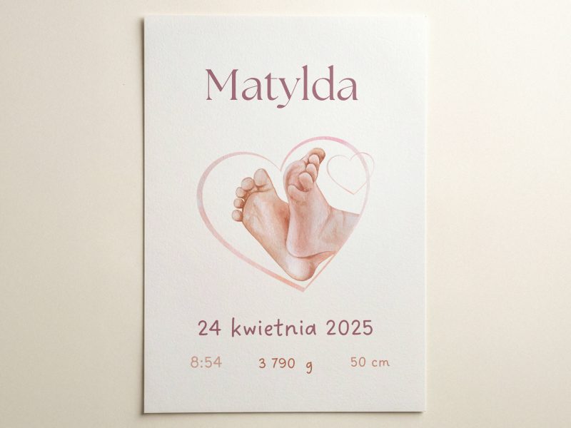 Metryczka urodzenia dla dziewczynki z akwarelowym obrazem stópek i danymi urodzenia