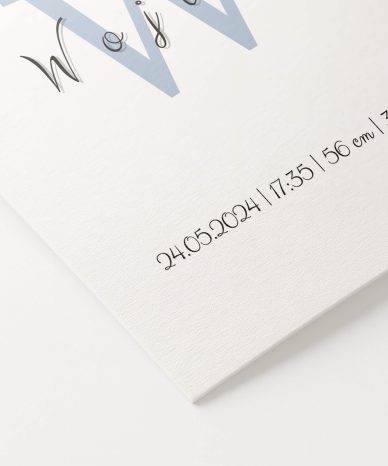 Fragment plakatu Urodzenia z Inicjałem z nadrukiem daty i szczegółów narodzin na białym tle.