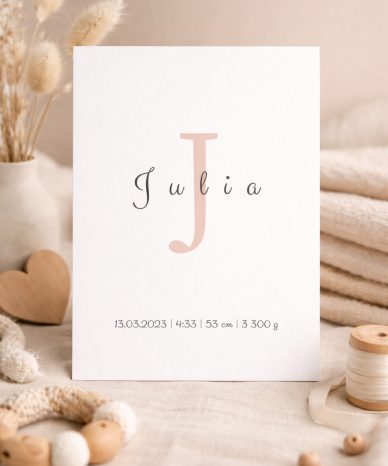 Plakat urodzenia z inicjałem J i imieniem Julia na białym tle