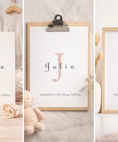 Plakat urodzenia z inicjałem i imieniem Julia oraz datą urodzenia i danymi dziecka