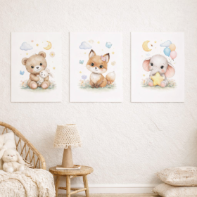 Plakaty do Pokoju Dziecka – Zwierzątka Pastelowe (zestaw 3 szt.)