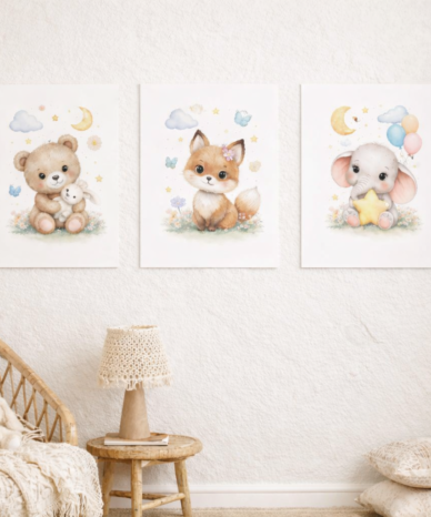 Zestaw trzech plakatów do pokoju dziecka z pastelowymi obrazkami misia, lisa i słonia na białej ścianie