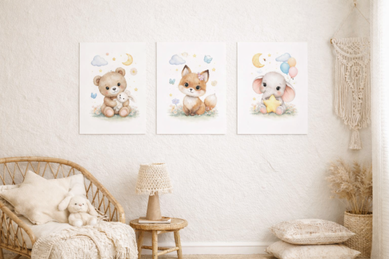 Zestaw trzech plakatów do pokoju dziecka z pastelowymi obrazkami misia, lisa i słonia na białej ścianie