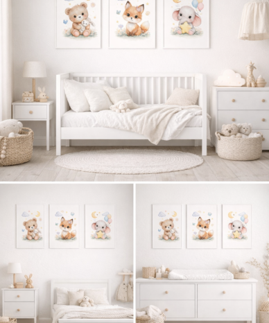 Zestaw 3 plakatów dziecięcych z ilustracjami pastelowych zwierzątek: misia, liska i słonia